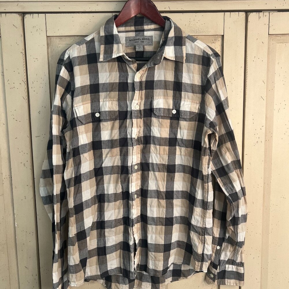 Michael Kors Plaid Button Down Shirt, Neutral Tones, Size Medium